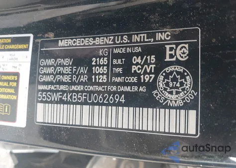 2015 Mercedes-Benz C 300 4Matic/Luxury 4Matic/Sport 4Matic from USA, damaged, VIN 55SWF4KB5FU062694